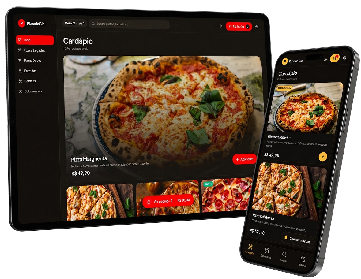Pré-visualização do cardápio digital SpaccyMax em tablet e celular